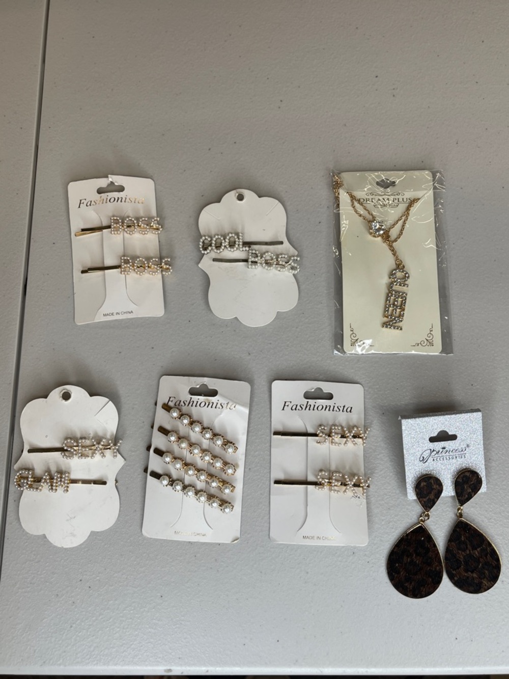 Pearl-Accent Hair Clips & Leopard Teardrop Earrings Set - Gold & Brown